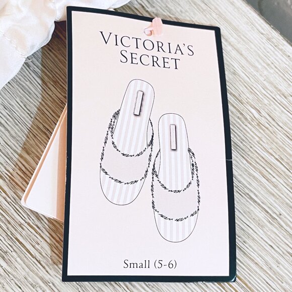 New Victoria's Secret Slippers Small 5 6 Pink White Stripe Satin Faux Fur NWT - Picture 5 of 14